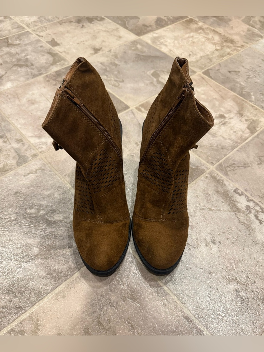 Women's Perforated Cut-Out Stacked Block Heel Ankle Booties